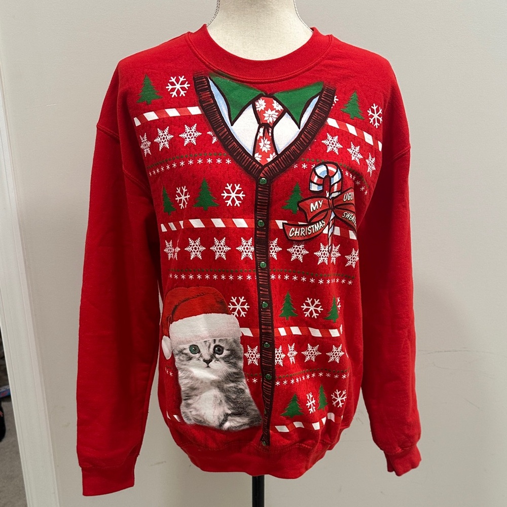 Ugly Red Christmas Sweater with Cat Design